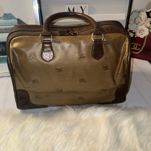 90s VTG Burberrys Boston Duffle Travel Bag Brown Leather Monogram Bag Italy Used - Picture 4 of 16
